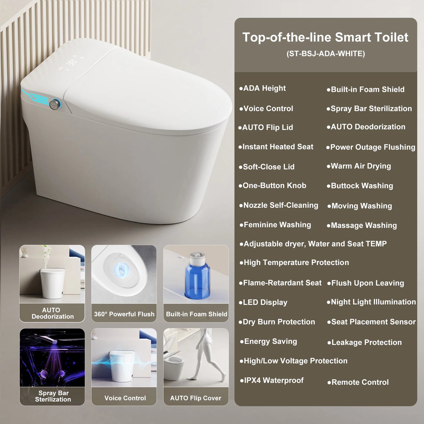 Elongated Smart Toilet with Bidet Built in, Foam Dispenser, Voice Control, One-Piece Bidet Toilet with Warm Water and Dryer