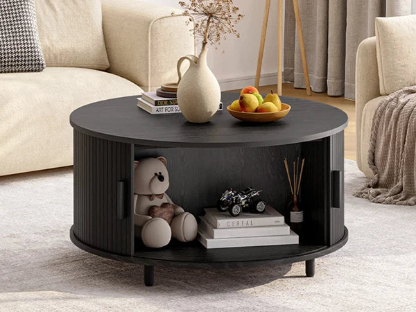 ONBRILLE Round Coffee Table With Storage And Fluted Wood Accent