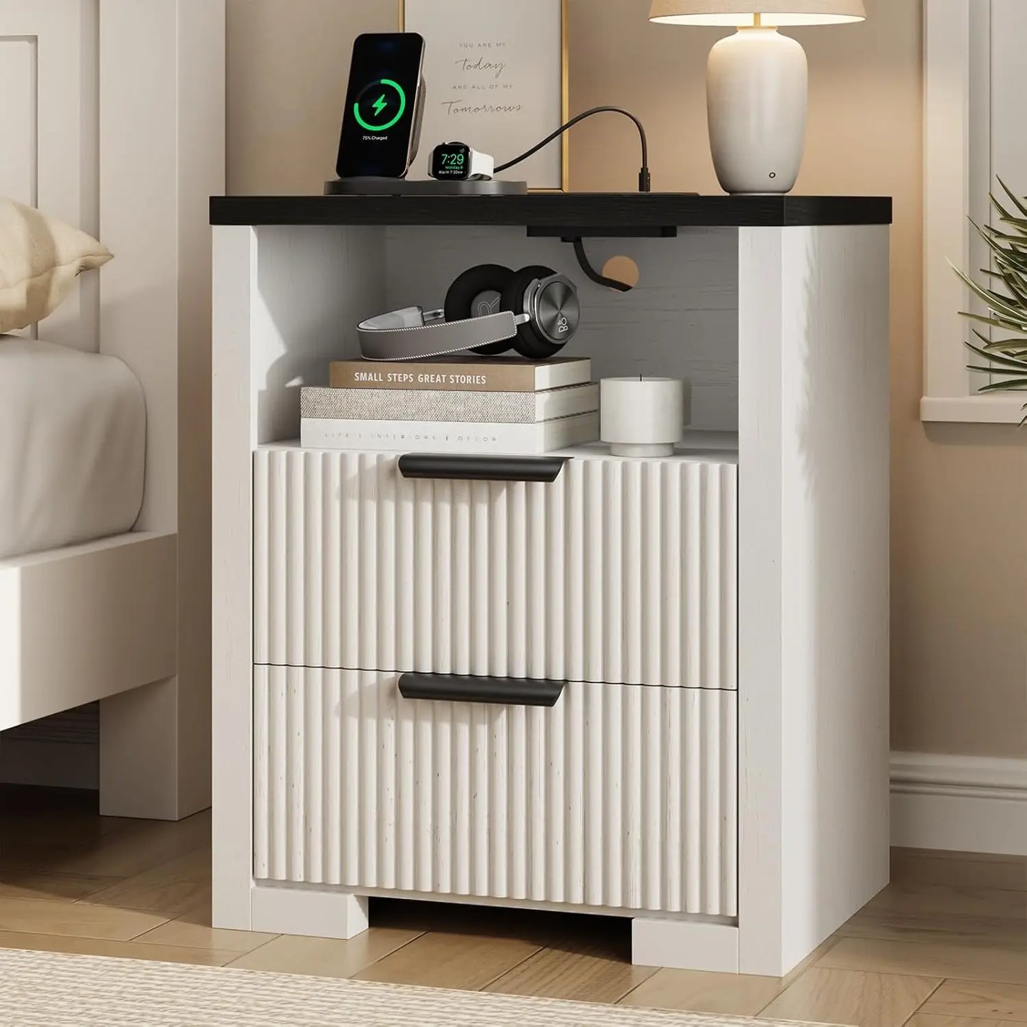 Fluted Nightstand with Charging Station, Night Stand with 2 Drawers, End Table with Storage, Bed Side Table for, Customized