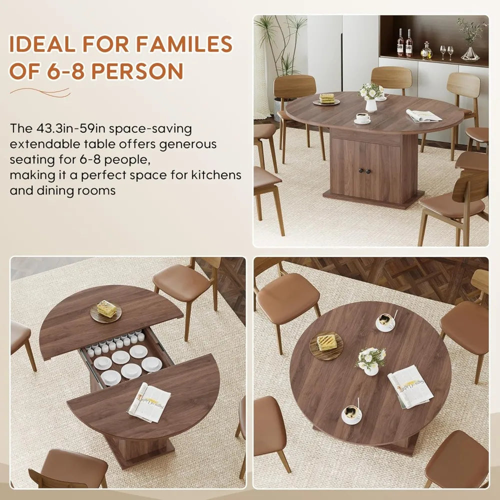 Extendable Round Dining Table With Storage Shelf For 4 To 8