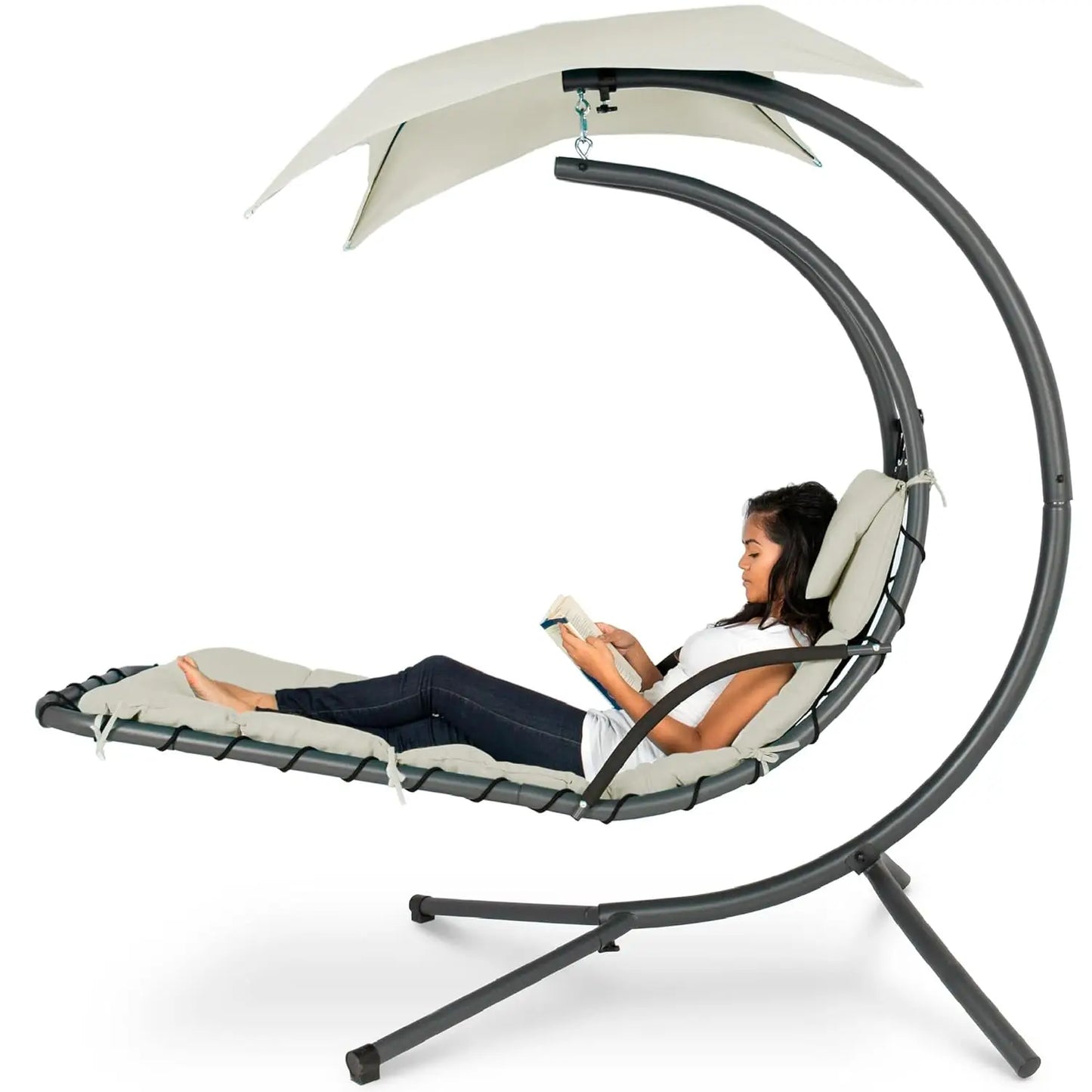 Outdoor Hanging Steel Chaise Lounge Chair With Canopy And Pillow
