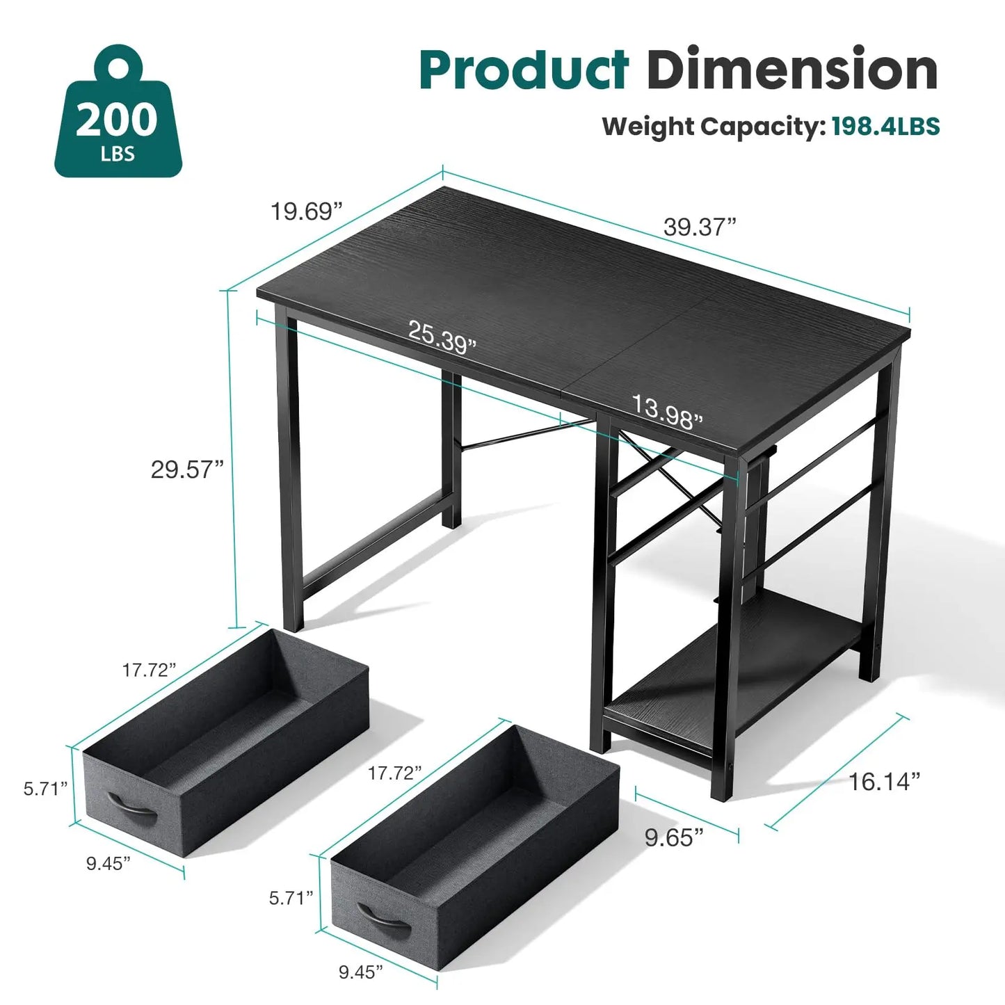 JHK 47IN Computer Desk with 2 Drawers For Study Office Gaming Wood Table with Adjustable Position Drawers Modern Work Table