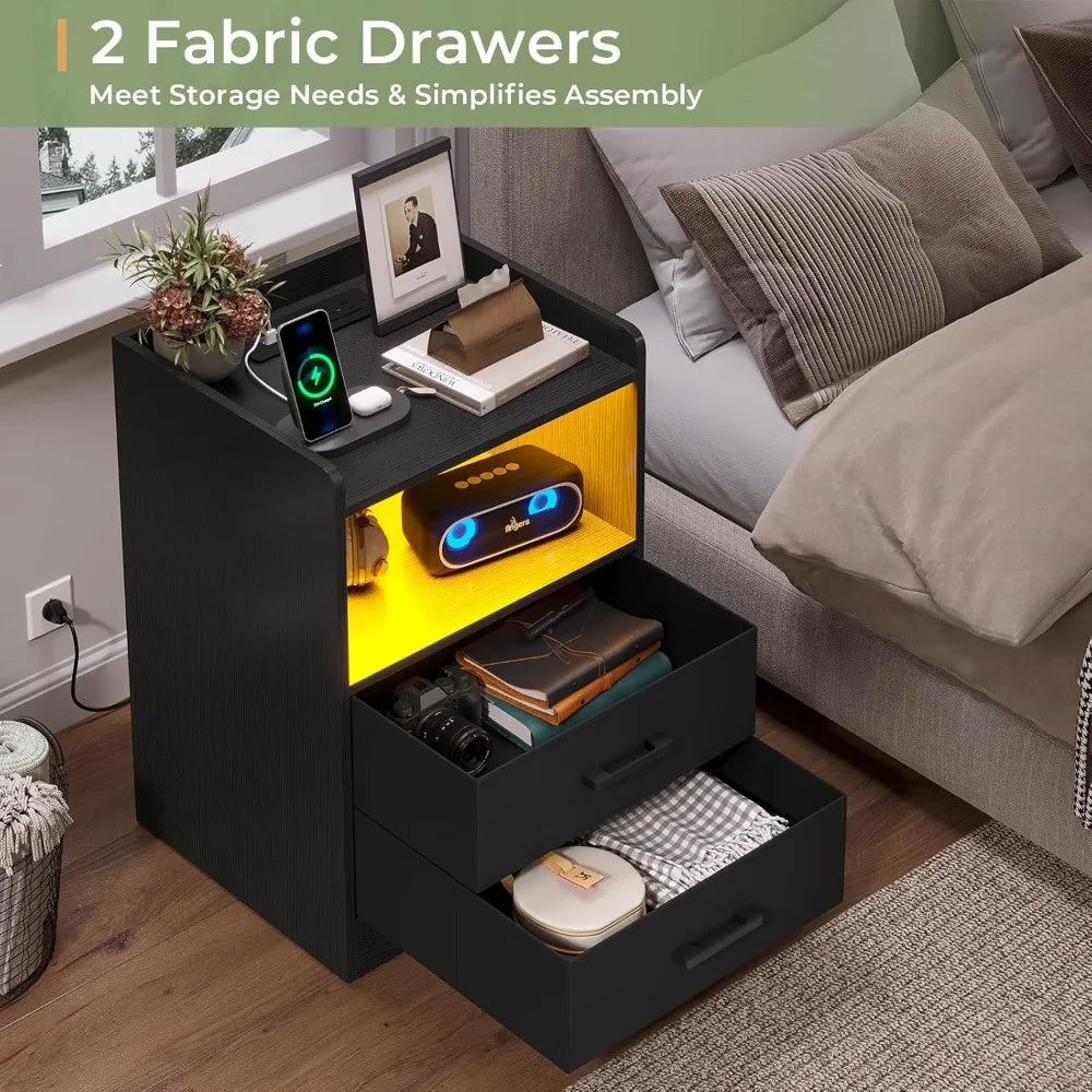 Stand Set of 2 with LED Lights and Charging Station, Modern Bedside End Table with 2 Fabric Storage Drawers, Black Nightstands
