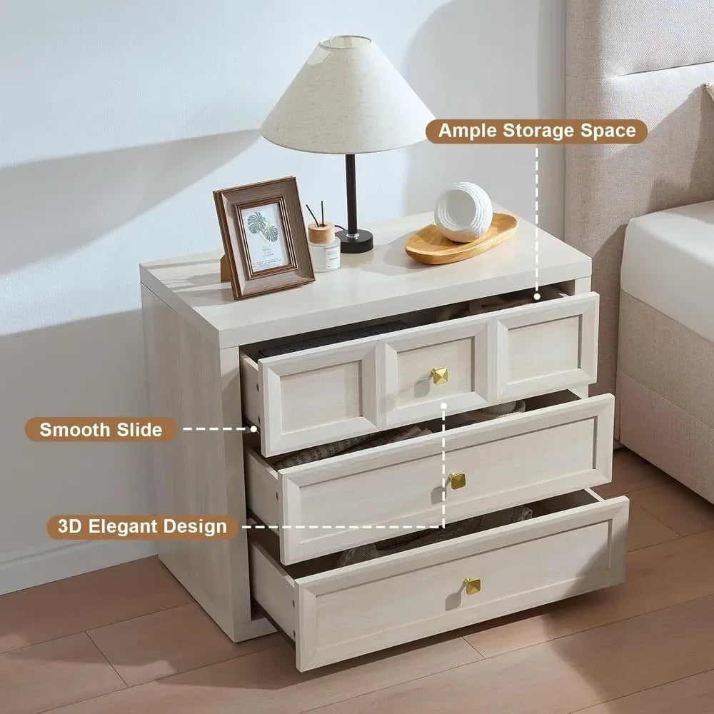 Nightstand Set of 2 W/Charging Station, 30.7" W King Size Bedside Table with 3 Drawers, Accent End Table W/Large Storage