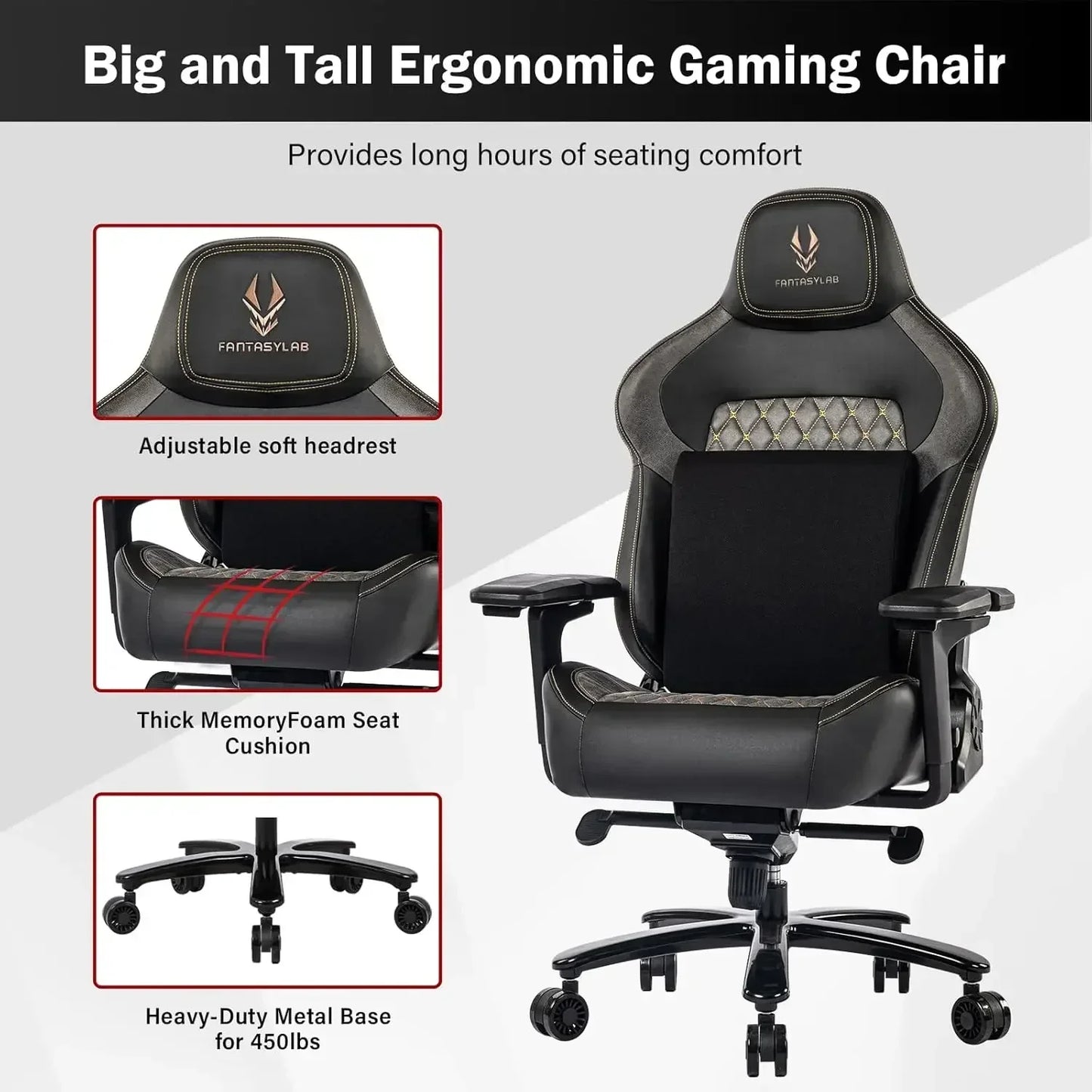 450lbswith6D Flip-upArmrestsMassageWaistPillow, HeadrestGamingChairforHeavyPeople withMetalBaseAdjustableComputerChair