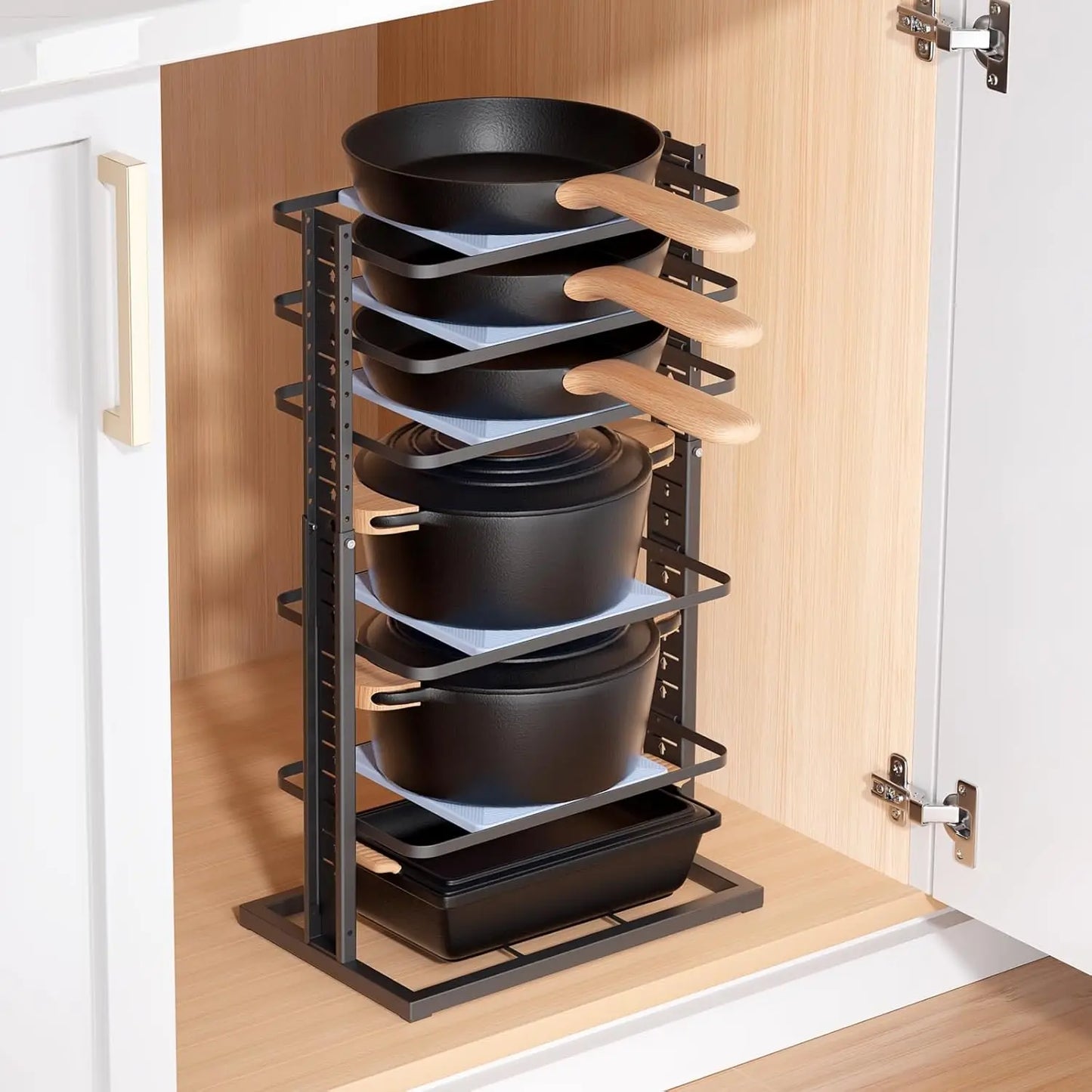 Heavy Duty 6-Tier Pot & Pan Organizer - Adjusts 14" to 24.57" for Under Cabinet, Holds Up to 12" Cookware