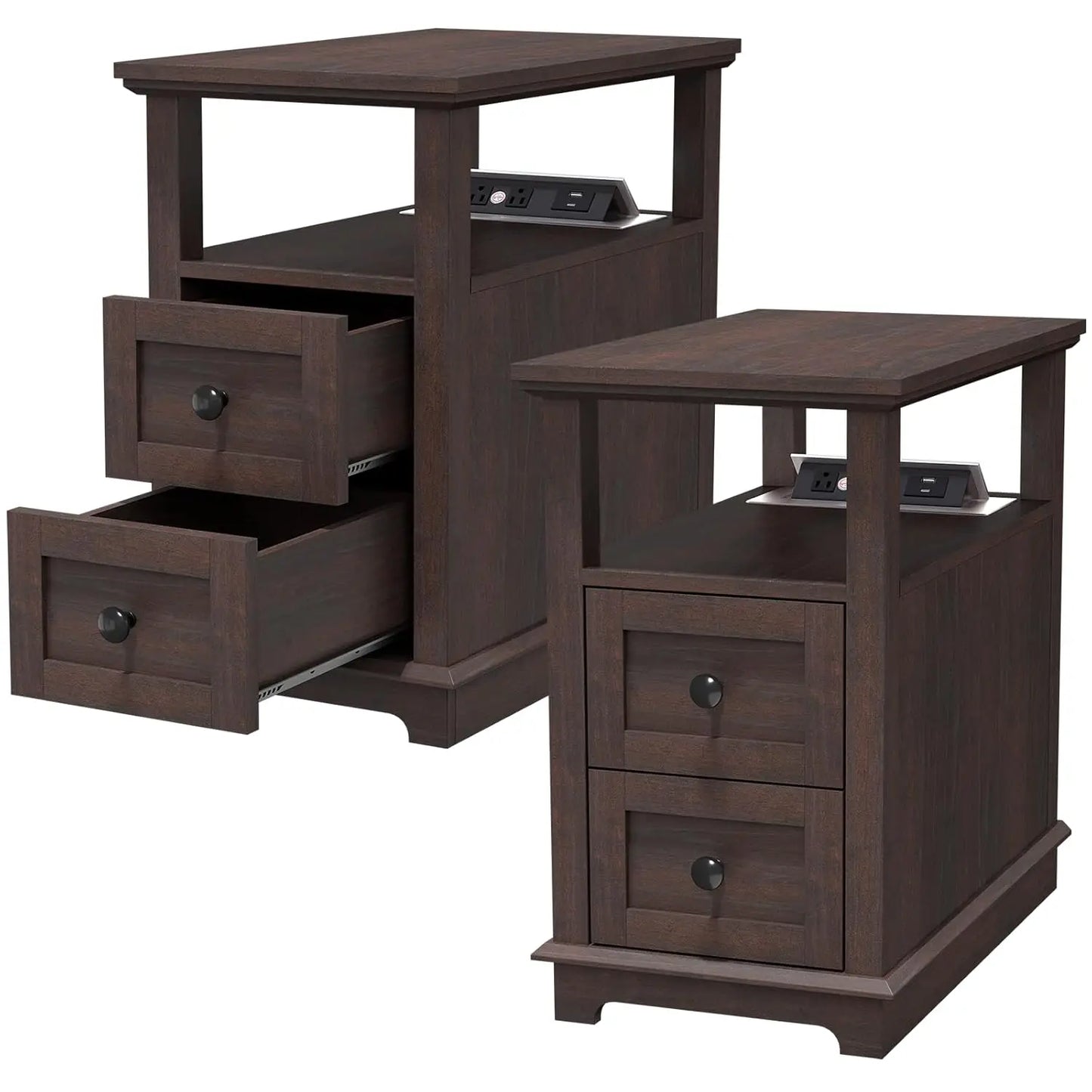 End Table with Flip Top Charging Station Set of 2, Narrow Side Table with 2 Drawers, Type-C & USB Port & Power, Customized