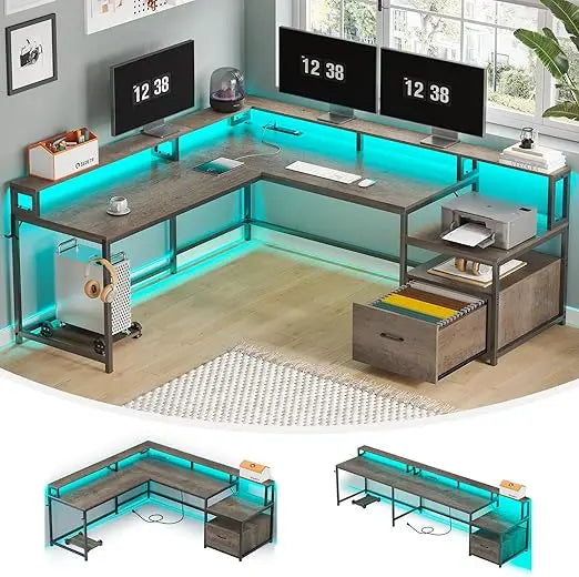 Office Desk with Wood File Drawer & Power Outlet,Gaming Desk with Led Lights,Corner Computer Desk with Monitor Shelf,Customized