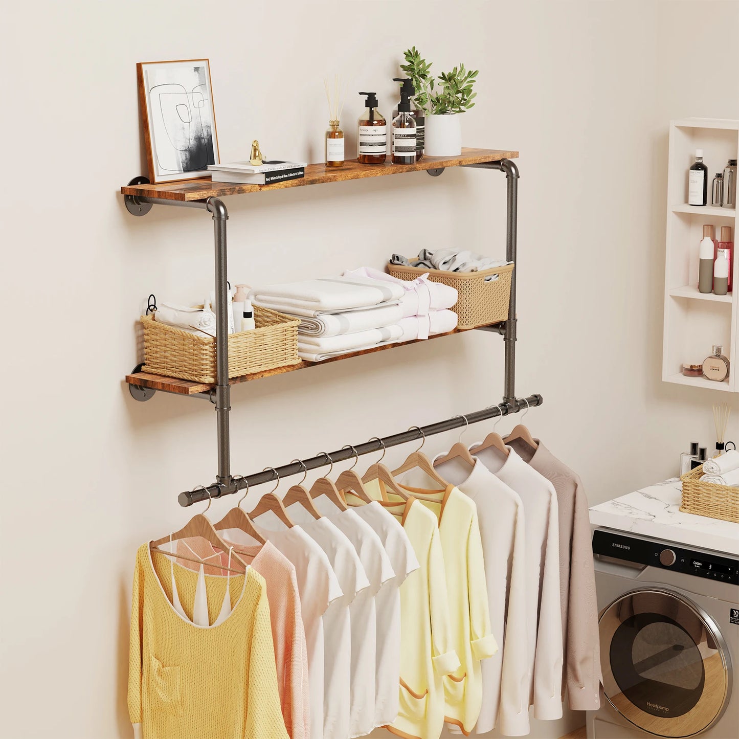 Industrial Pipe Clothing Rack Wall Mounted Wood Shelf Pipe Shelving