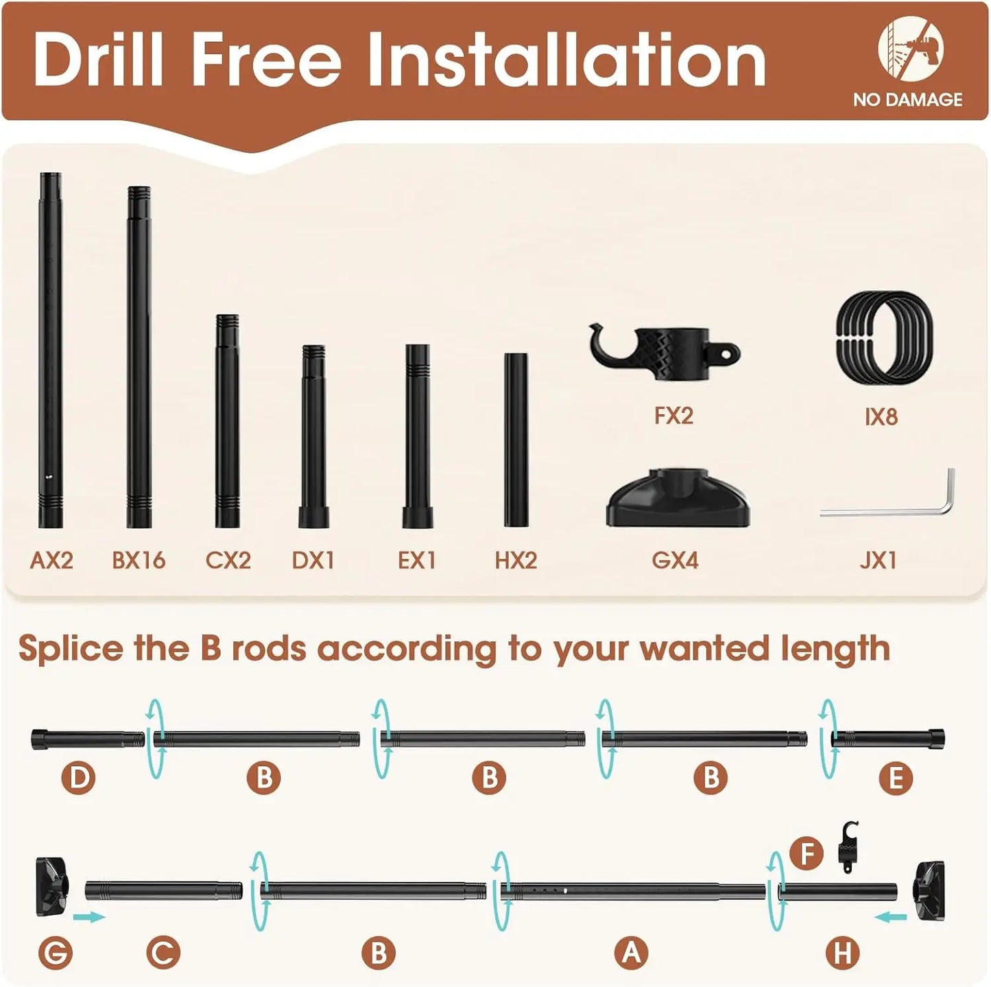 Adjustable No-Drill Room Divider Rod, 4-10ft Height, 28-70in Width, Heavy Duty for Space Partition