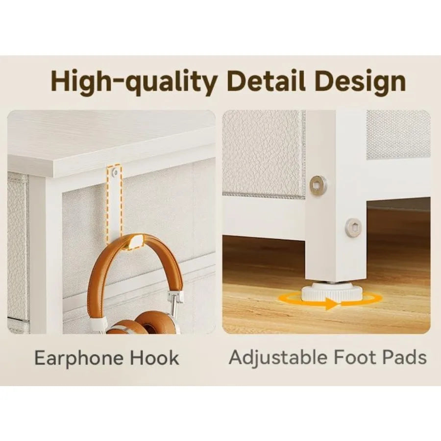 48 Inch White Computer Desk with 8 Fabric Drawers for Modern Home Office Study and Gaming Setup Featuring Large Storage Capacit