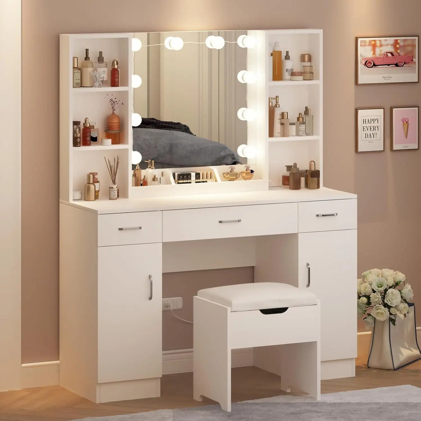 Vanity Desk With Mirror And Adjustable Lighting Makeup For Bedroom