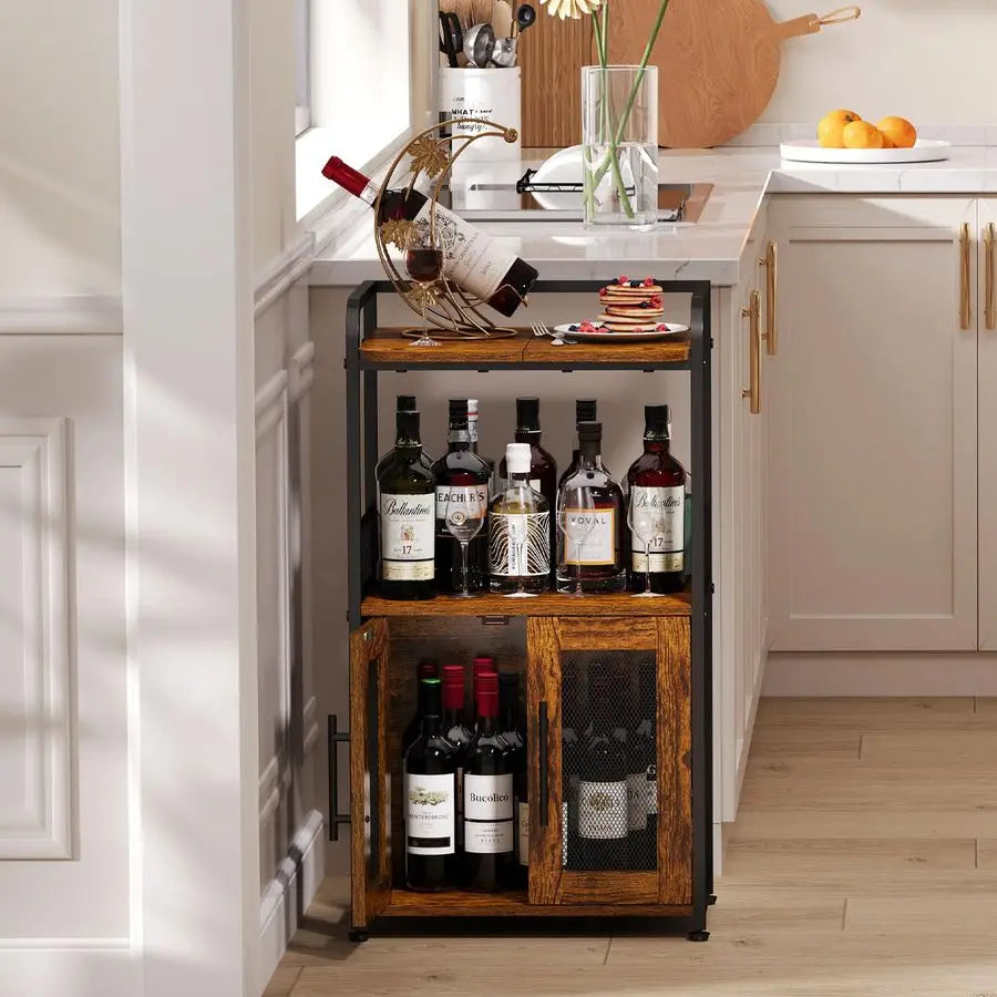 Farmhouse Compact Rolling Coffee Bar Cabinet With Storage And Two Doors