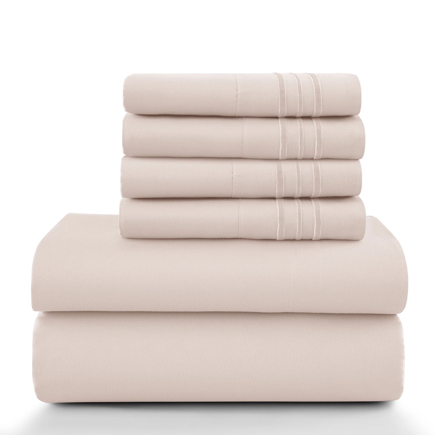 Lux Décor 6Pc Solid Sheet Set – Brushed Microfiber, 16" Deep Pockets, with Embroidered & Plain Pillowcases