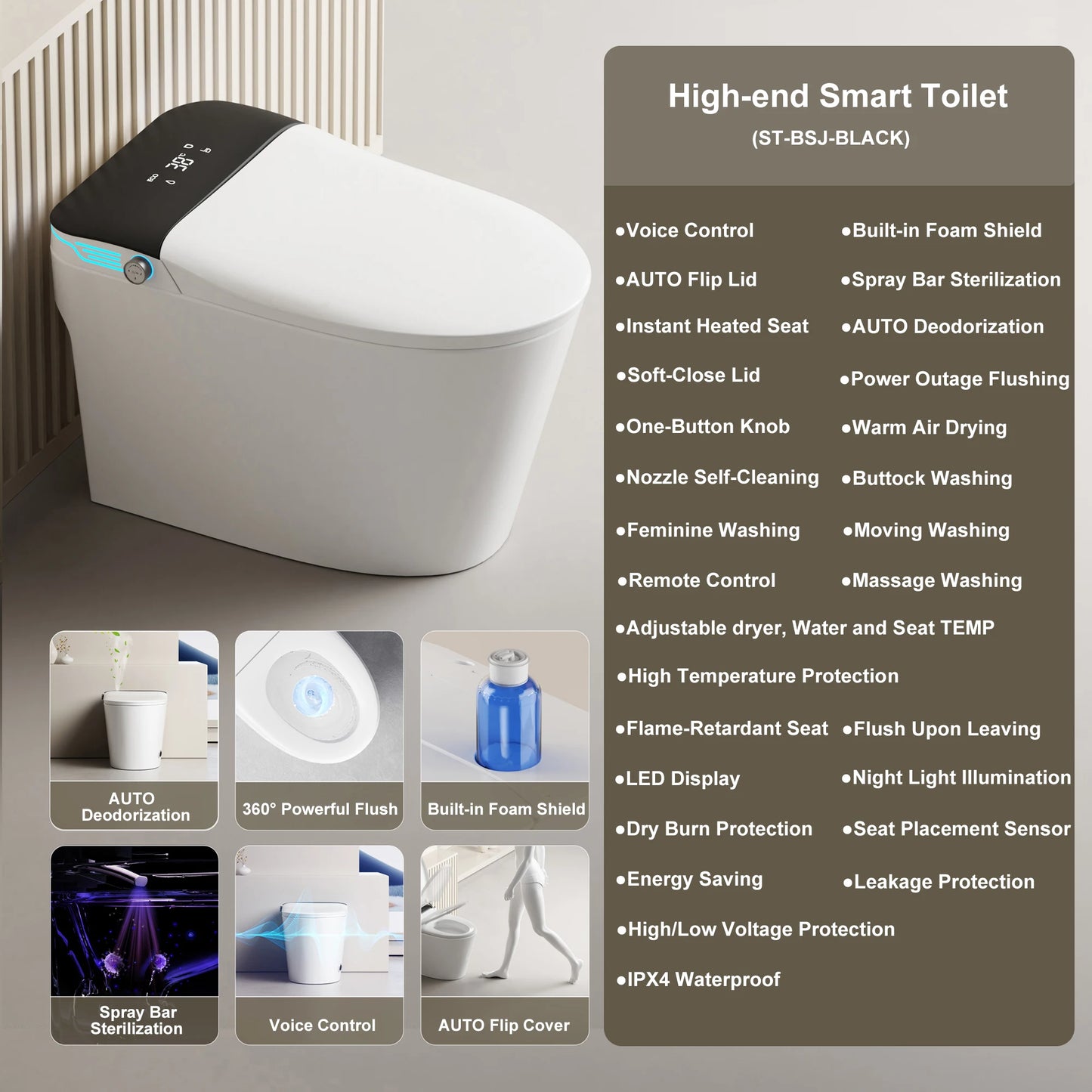 Elongated Smart Toilet with Bidet Built in, Foam Dispenser, Voice Control, One-Piece Bidet Toilet with Warm Water and Dryer