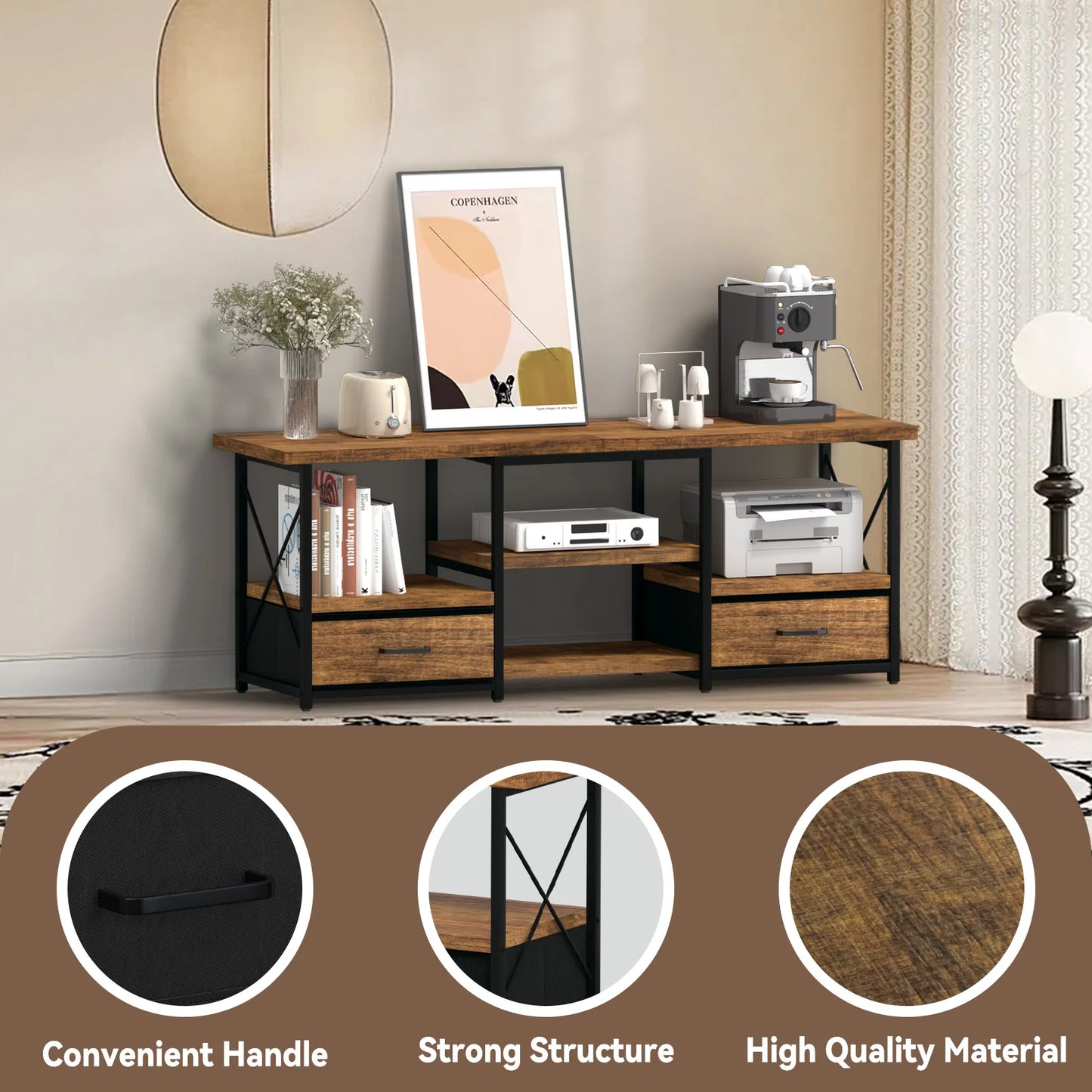 TV Stand With Two Fabric Drawers And Storage Shelves