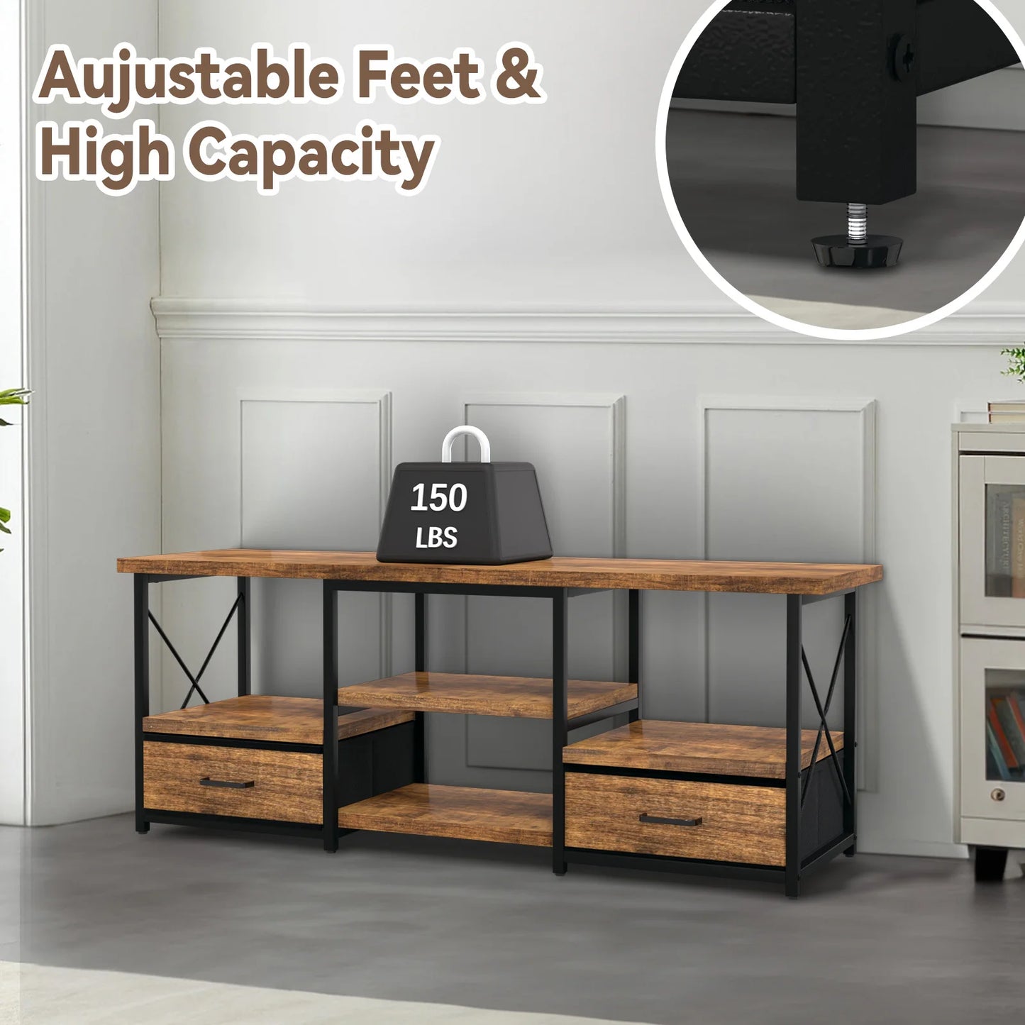 TV Stand With Two Fabric Drawers And Storage Shelves