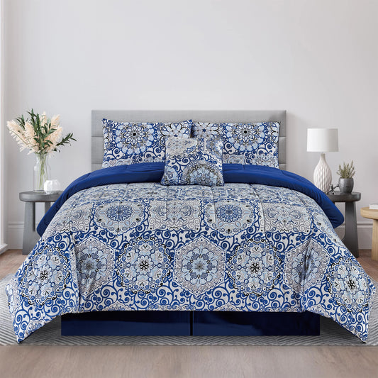 LUX Décor Reversible 5pc Comforter Set, Printed Bedding Set, Microfiber Bed in a Bag, Includes 1 Comforter, 2 Pillow Shams