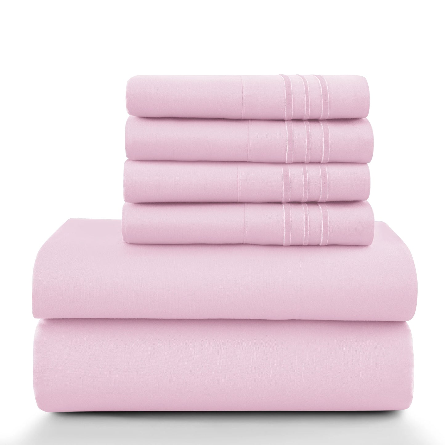 Lux Décor 6Pc Solid Sheet Set – Brushed Microfiber, 16" Deep Pockets, with Embroidered & Plain Pillowcases
