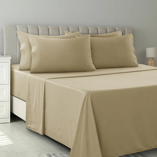 Lux Décor 6Pc Solid Sheet Set – Brushed Microfiber, 16" Deep Pockets, with Embroidered & Plain Pillowcases