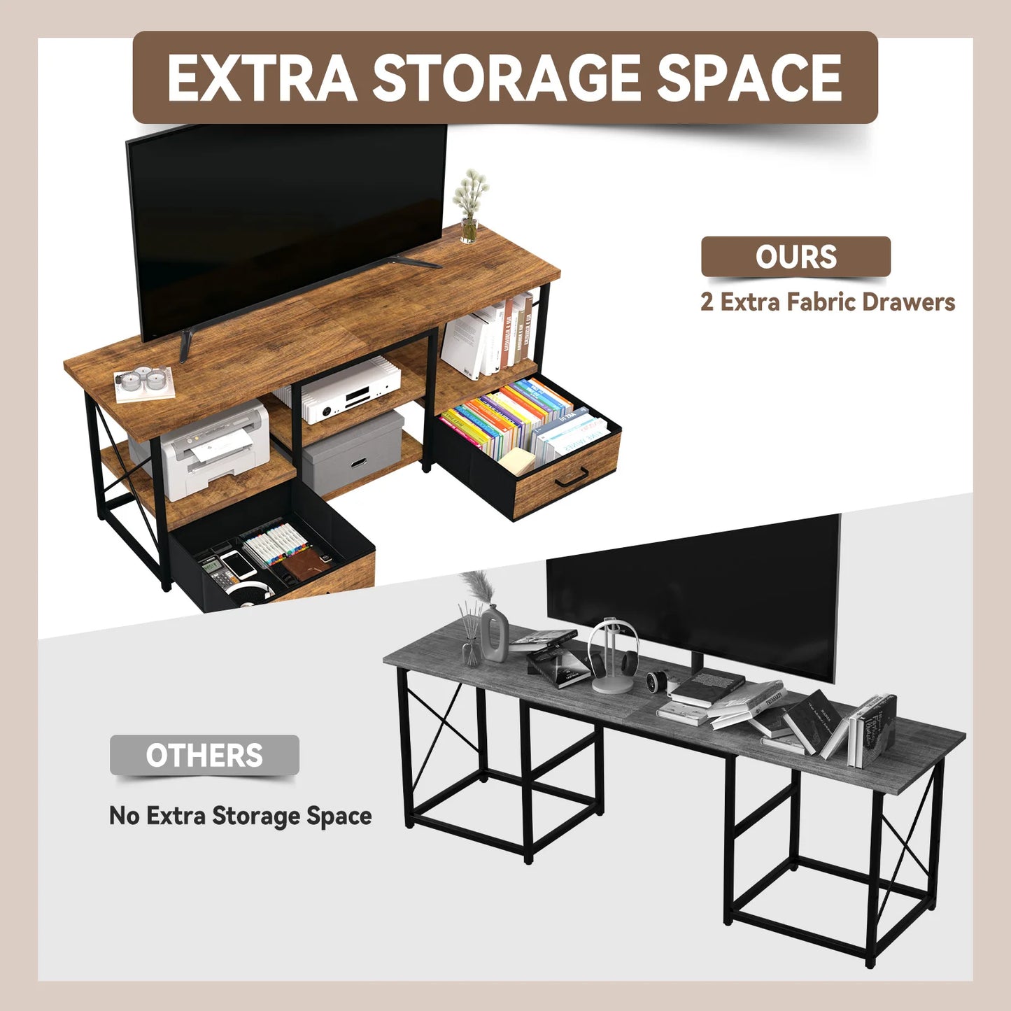 TV Stand With Two Fabric Drawers And Storage Shelves