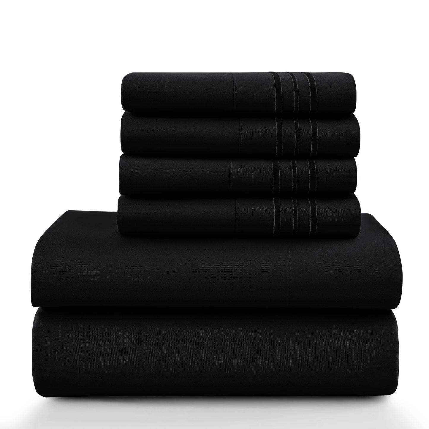 Lux Décor 6Pc Solid Sheet Set – Brushed Microfiber, 16" Deep Pockets, with Embroidered & Plain Pillowcases