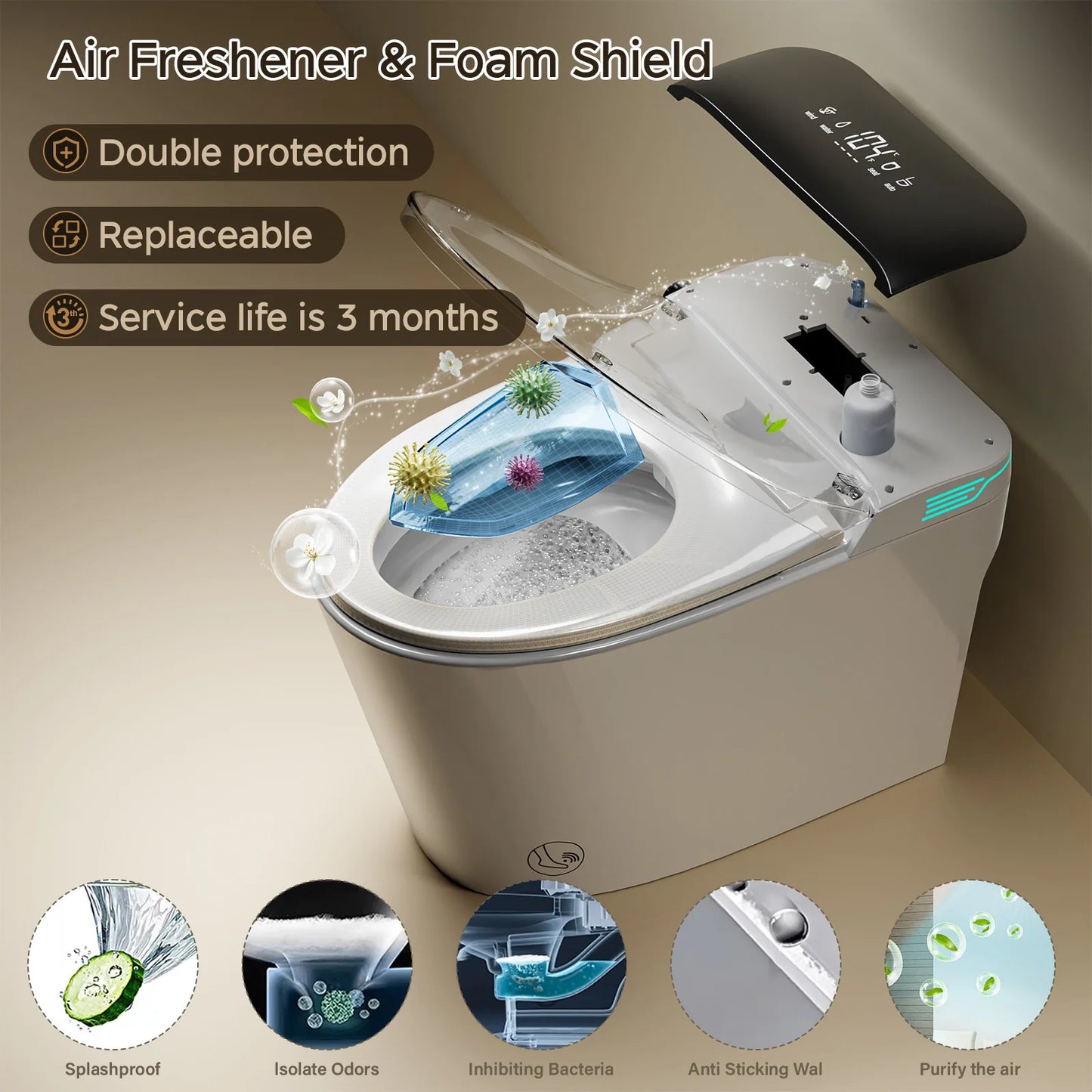 Elongated Smart Toilet with Bidet Built in, Foam Dispenser, Voice Control, One-Piece Bidet Toilet with Warm Water and Dryer