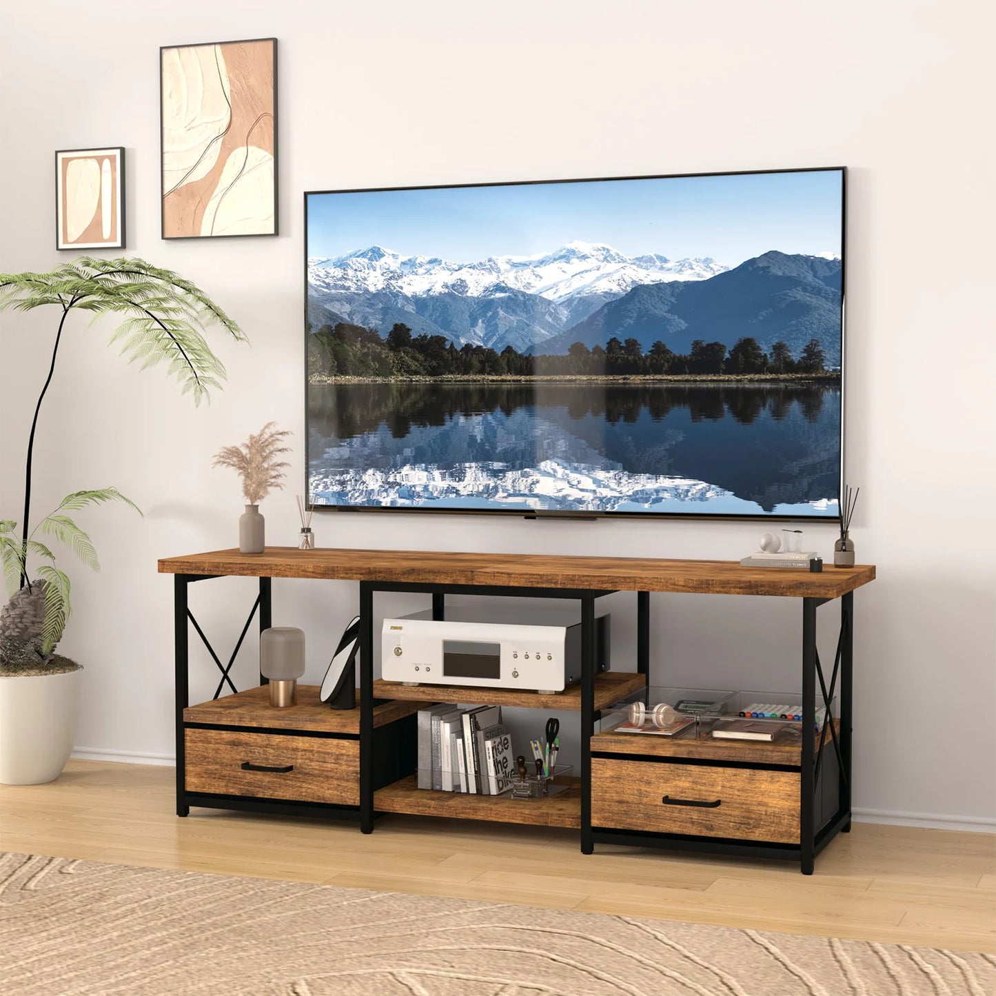 TV Stand With Two Fabric Drawers And Storage Shelves