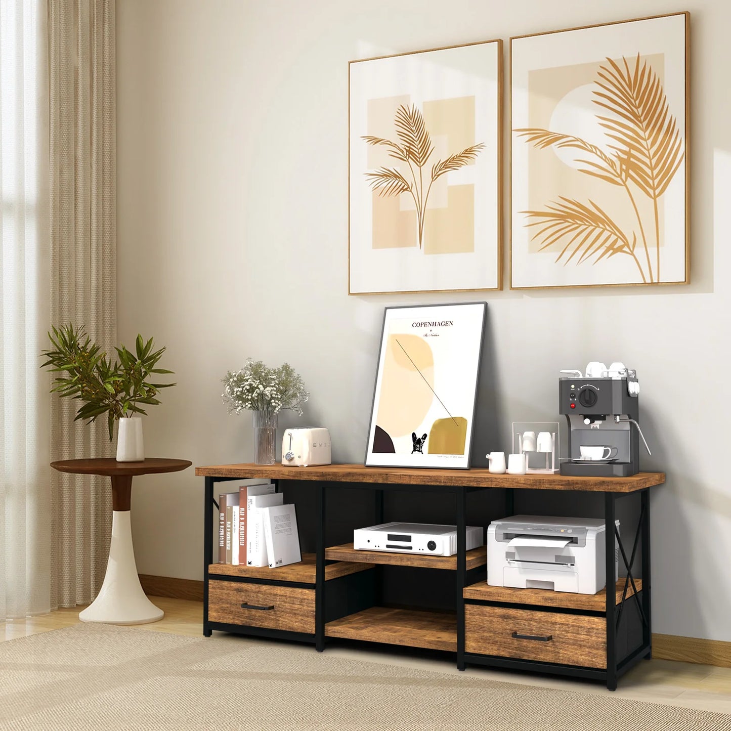 TV Stand With Two Fabric Drawers And Storage Shelves