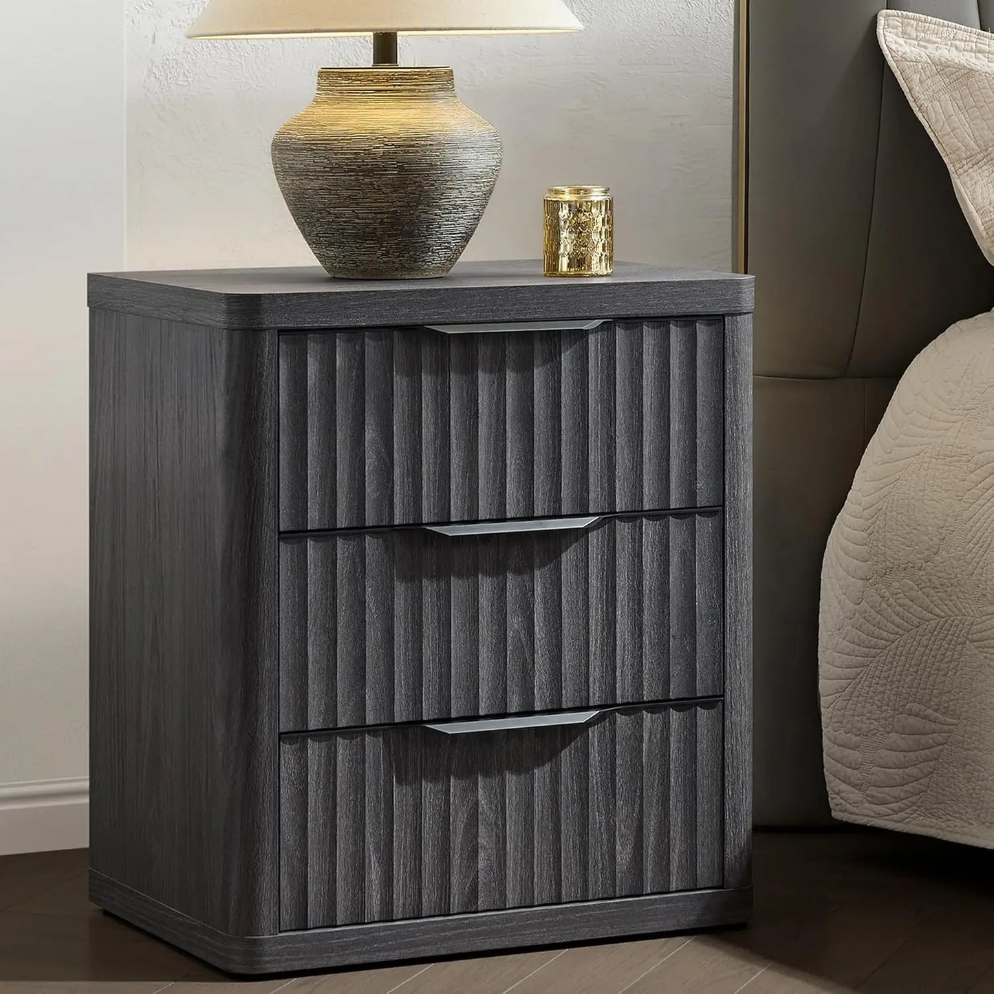 Fluted 3-Drawer Nightstand Set Large Bedside End Table Modern 25.6" Bedroom Living Room Office, Customized