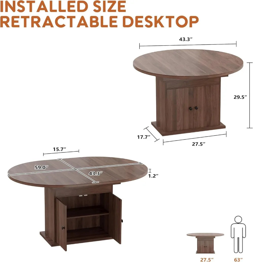 Extendable Round Dining Table With Storage Shelf For 4 To 8
