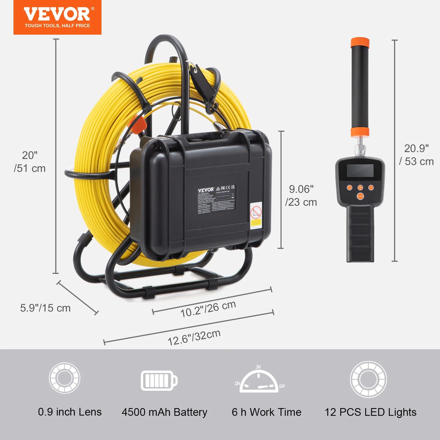 SucceBuy Sewer Camera with 512Hz Locator IP68 9" Pipeline Inspection Camera w/DVR Function w/12 Adjustable LEDs and 16 GBSDCard