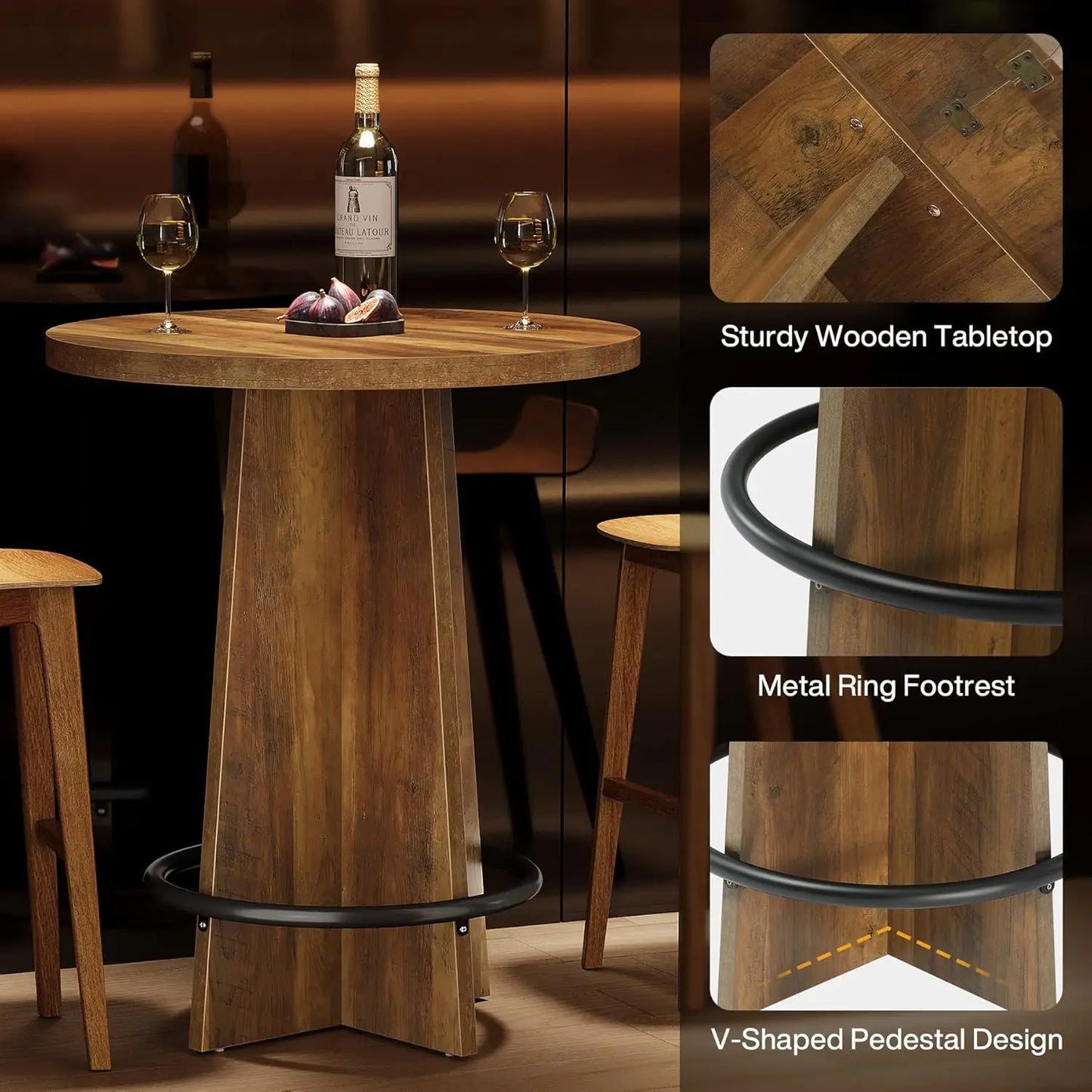 Rustic Round Bar Table Wood Bistro Pub for Small Spaces