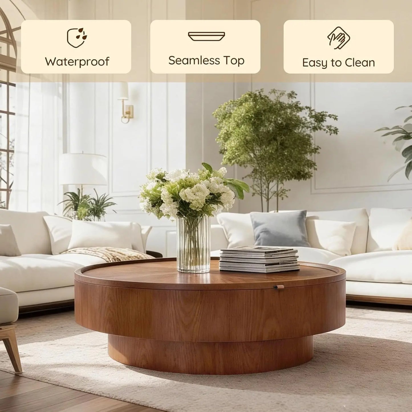 ZHUXIANG Modern Round Drum Coffee Table With Removable Lid