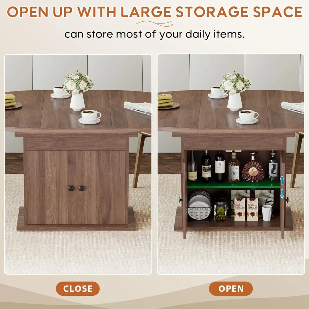 Extendable Round Dining Table With Storage Shelf For 4 To 8
