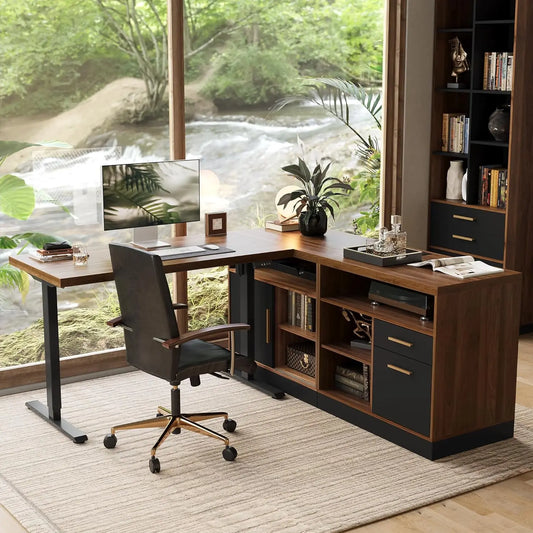 67" L Shaped Standing Desk With Storage/Drawers,File Cabinets, AC/USB, 1.18" Desktop, Height Adjustable Electric Stand Up Desk,