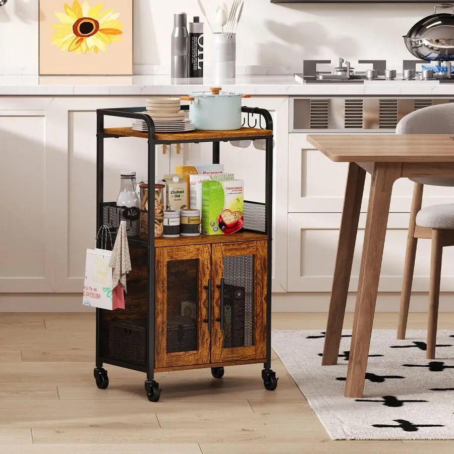 Farmhouse Compact Rolling Coffee Bar Cabinet With Storage And Two Doors