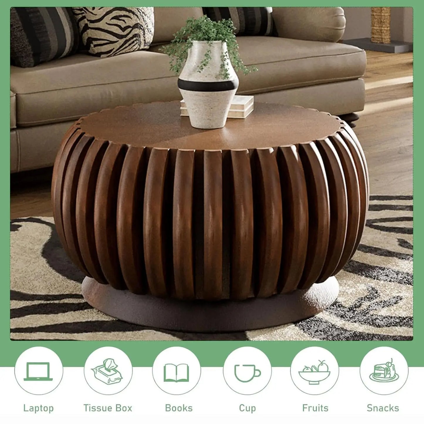 ZHUXIANG Modern Minimalist Fluted Drum Coffee Table Living Room