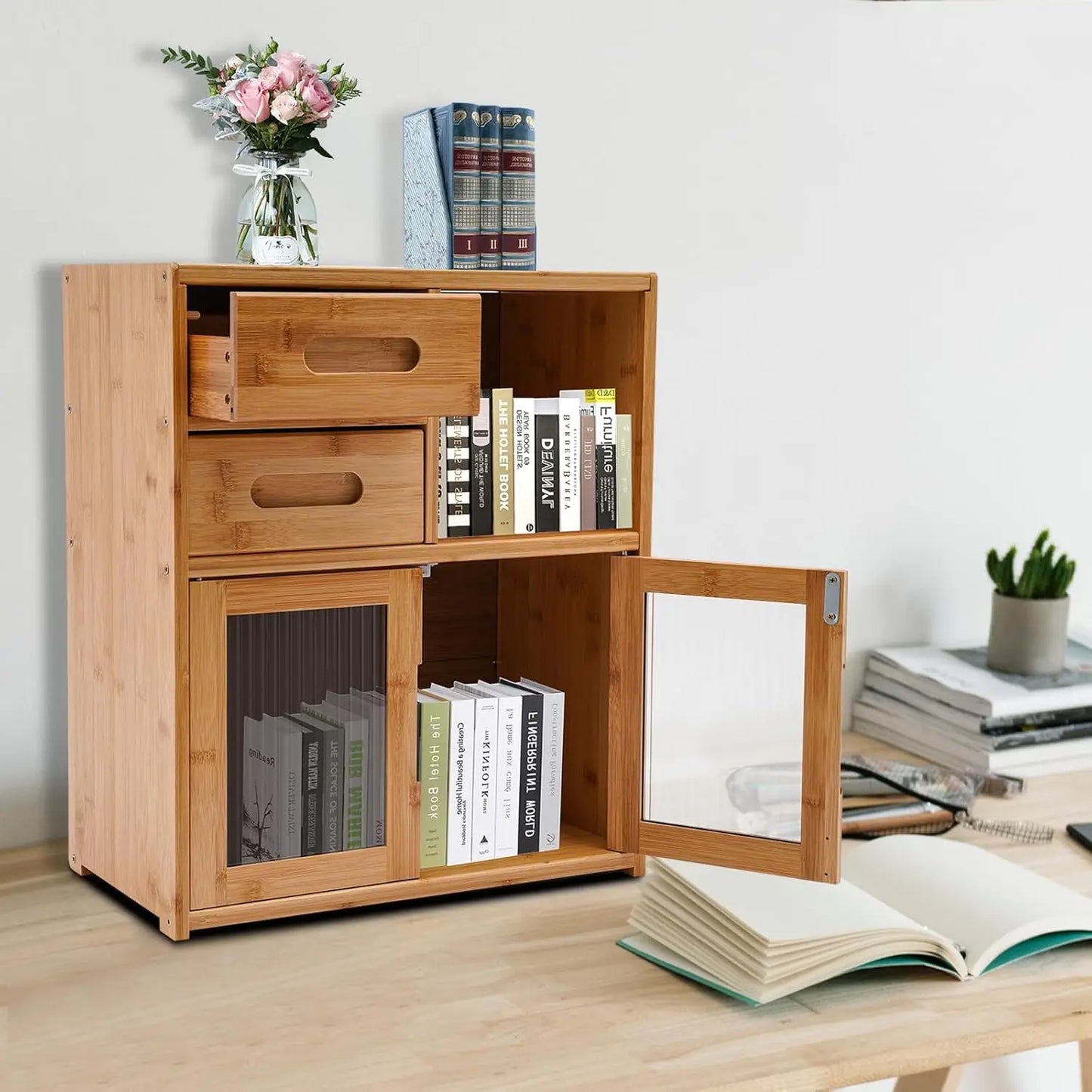 Bymaocar Bamboo Kitchen Pantry Cabinet With 2 Drawer Bread Box