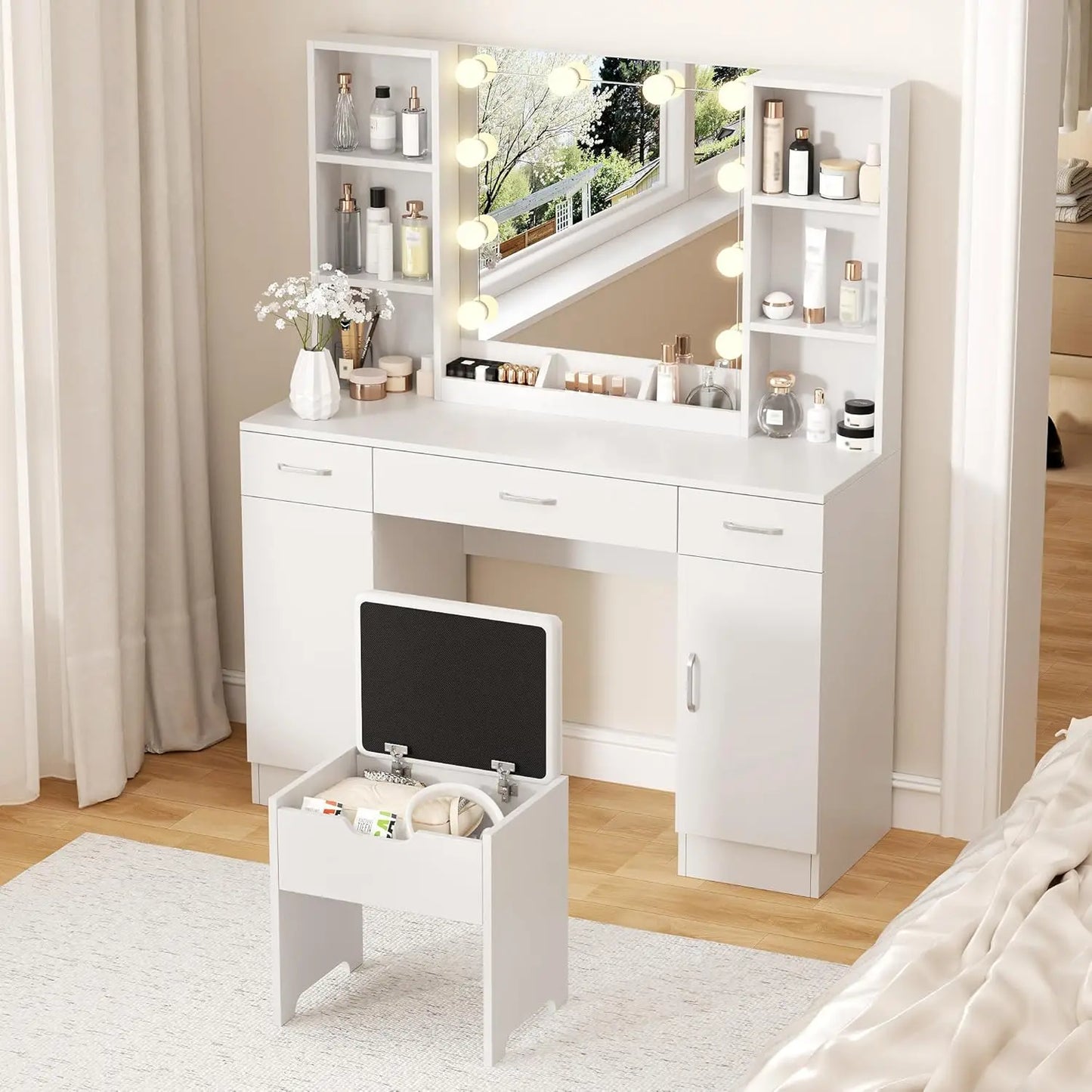 Vanity Desk With Mirror And Adjustable Lighting Makeup For Bedroom