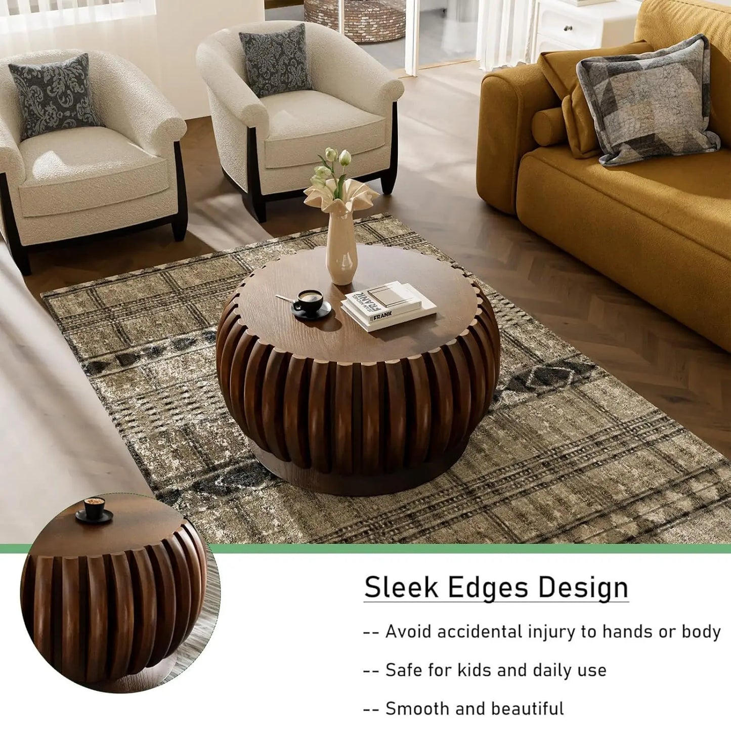 ZHUXIANG Modern Minimalist Fluted Drum Coffee Table Living Room
