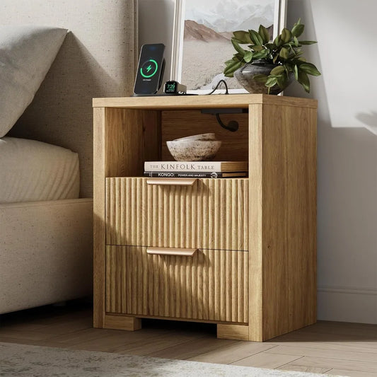 Fluted Nightstand with Charging Station, Night Stand with 2 Drawers, End Table with Storage, Bed Side Table for, Customized