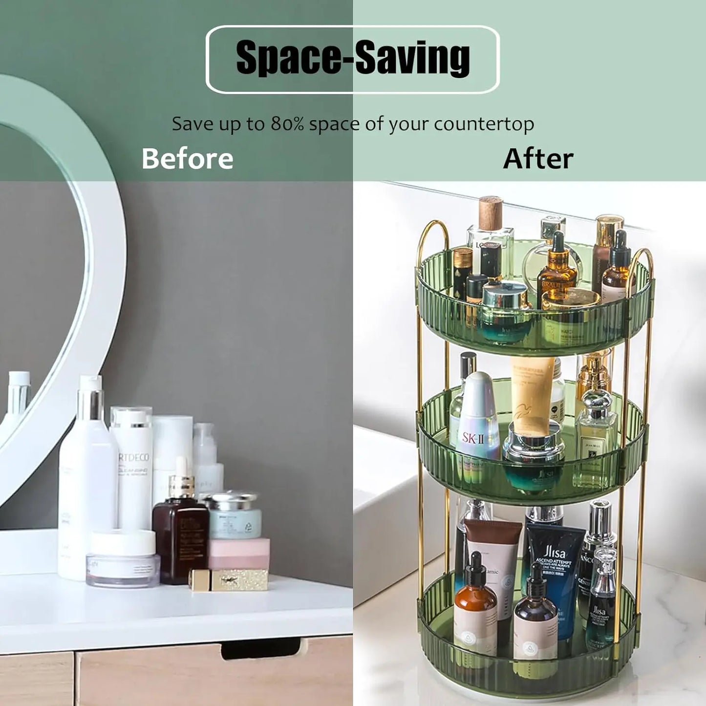 Rotating Makeup Organizer Three Tier Vanity Storage for Skincare