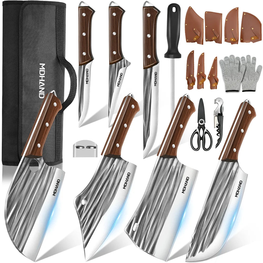 MDHAND 14 Piece Meat Cleaver Knife Set With Roll Bag