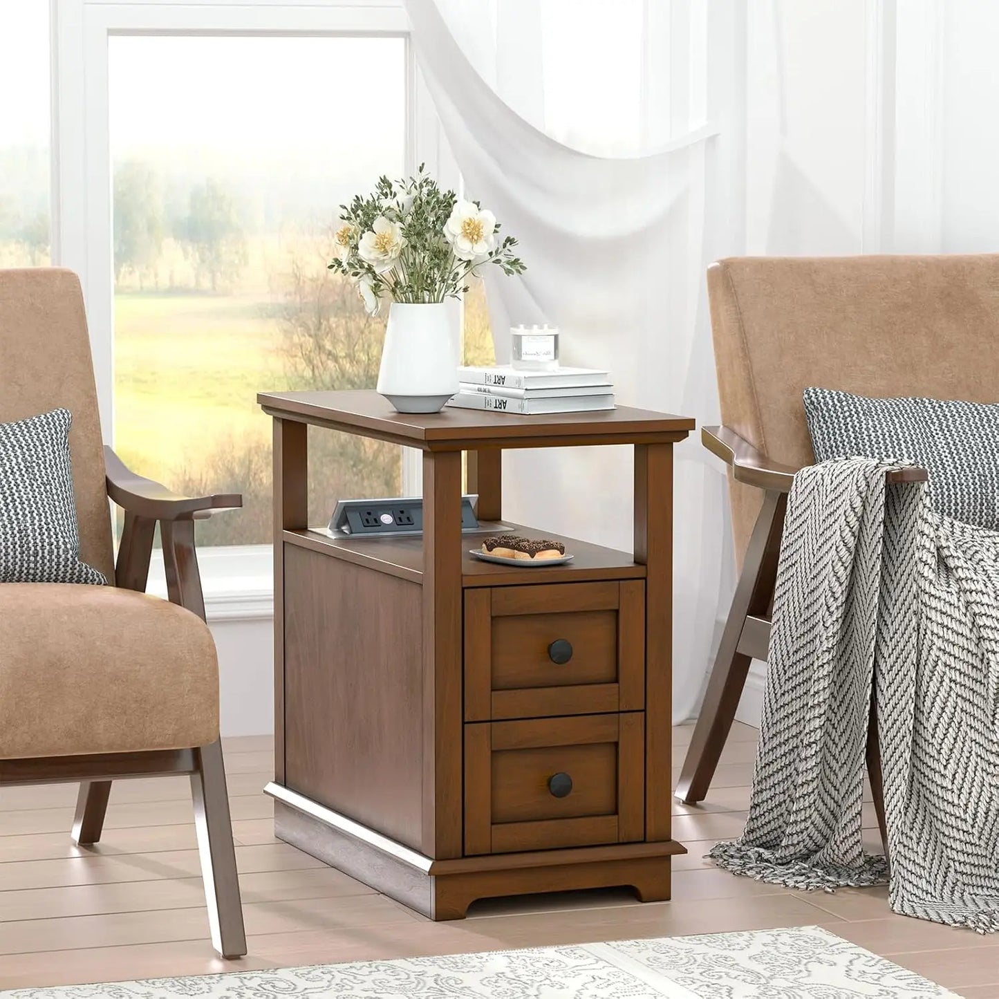 End Table with Flip Top Charging Station Set of 2, Narrow Side Table with 2 Drawers, Type-C & USB Port & Power, Customized