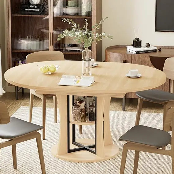DAFIFY Extendable Round Dining Table For Four To Eight With Storage Shelf
