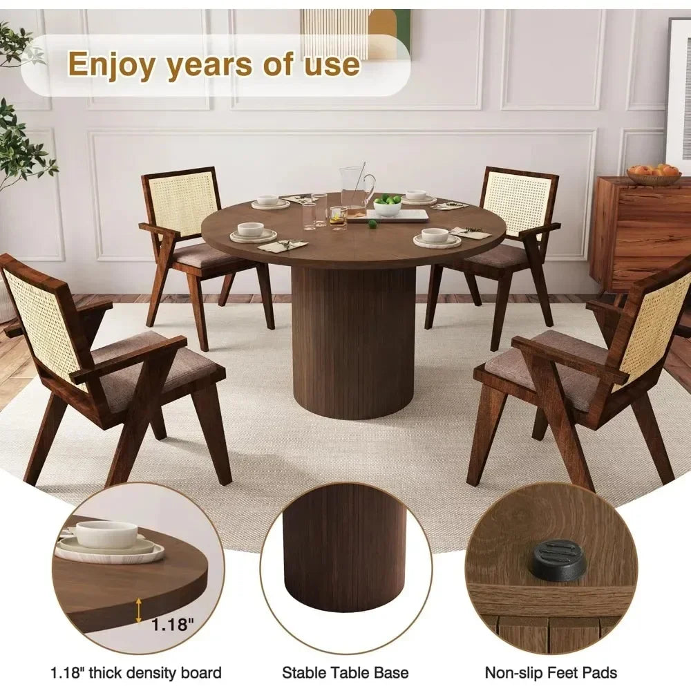Modern Farmhouse Round Dining Table Wood Slat Base Seats Four