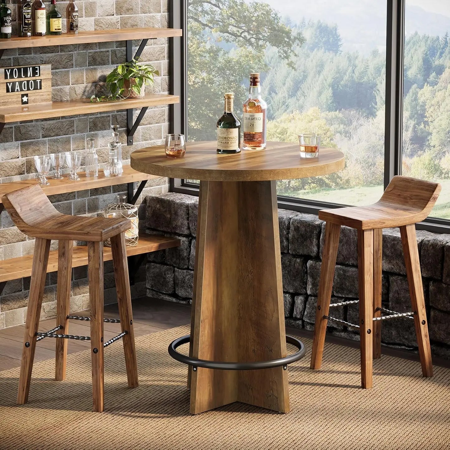 Rustic Round Bar Table Wood Bistro Pub for Small Spaces