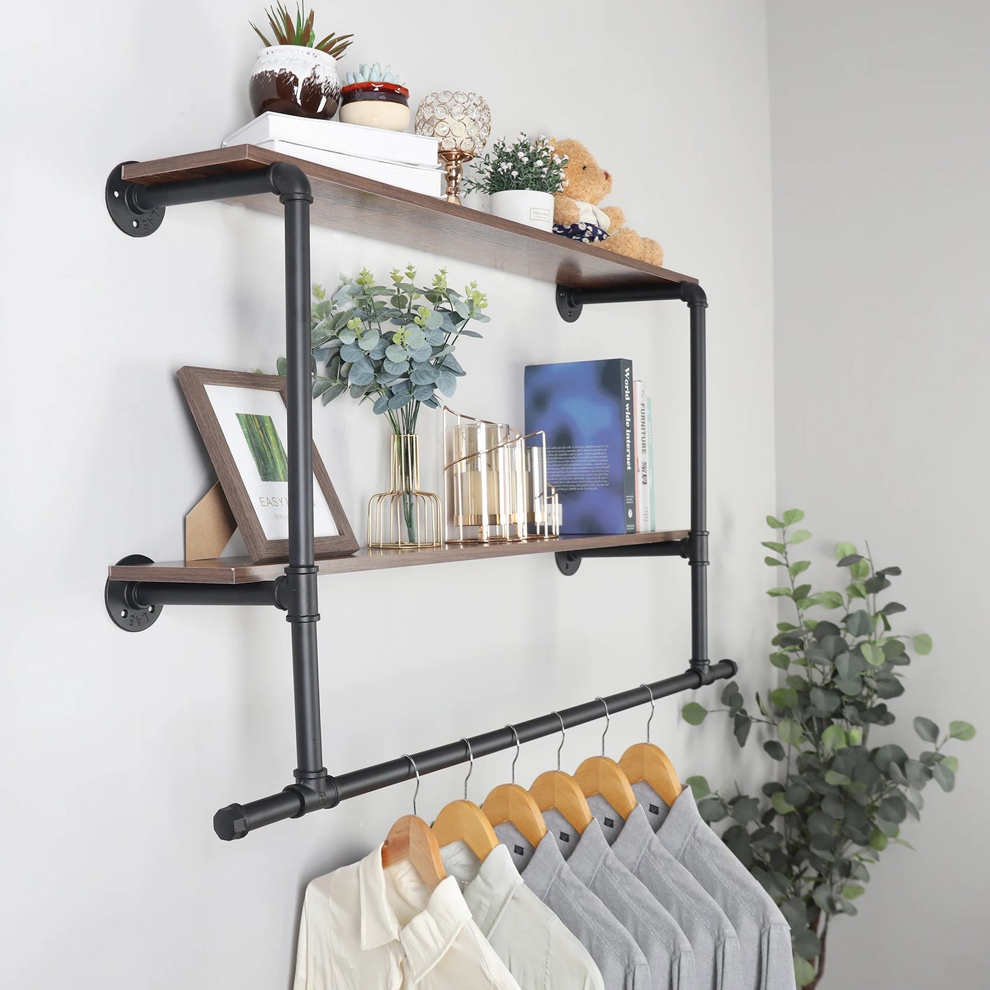 Industrial Pipe Clothing Rack Wall Mounted Wood Shelf Pipe Shelving