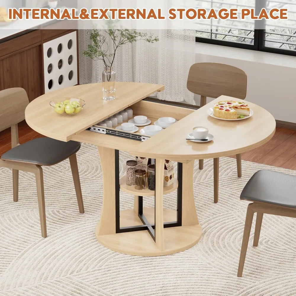 DAFIFY Extendable Round Dining Table For Four To Eight With Storage Shelf